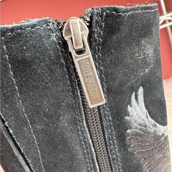 Harley Davidson Black Suede Knee High Boots Womens 7 Logo Wings Embroidery - Picture 5 of 8